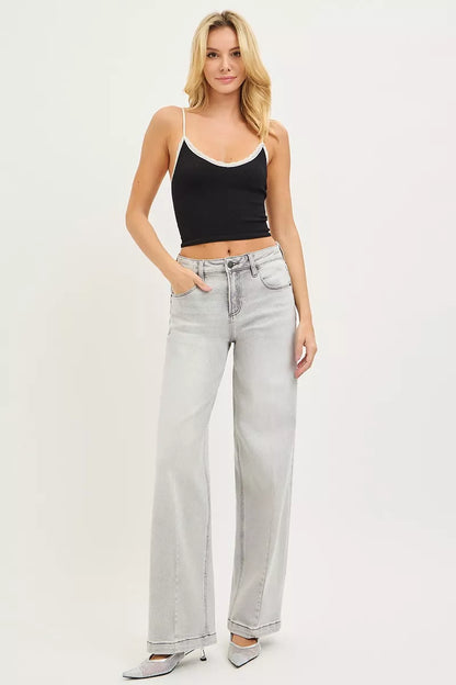 Risen Slouchy Baggy Jeans with Contrast Stitching in LIGHT GREY view 6 - Risen Slouchy Denim Shorts (bottom)