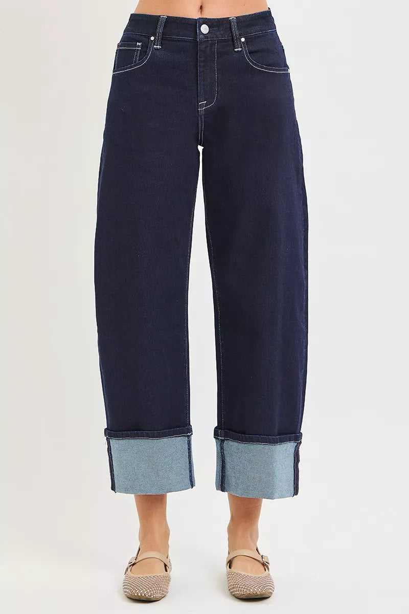 Risen Slouchy Crop Barrel Cuffed Hem Jeans in Solid Dark - Risen Slouchy Denim Shorts (bottom)