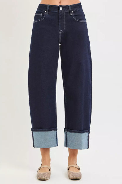 Risen Slouchy Crop Barrel Cuffed Hem Jeans in Solid Dark - Risen Slouchy Denim Shorts (bottom)