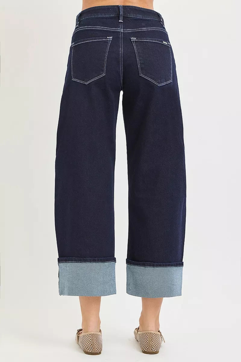 Risen Slouchy Crop Barrel Cuffed Hem Jeans in Solid Dark view 3 - Risen Slouchy Denim Shorts (bottom)