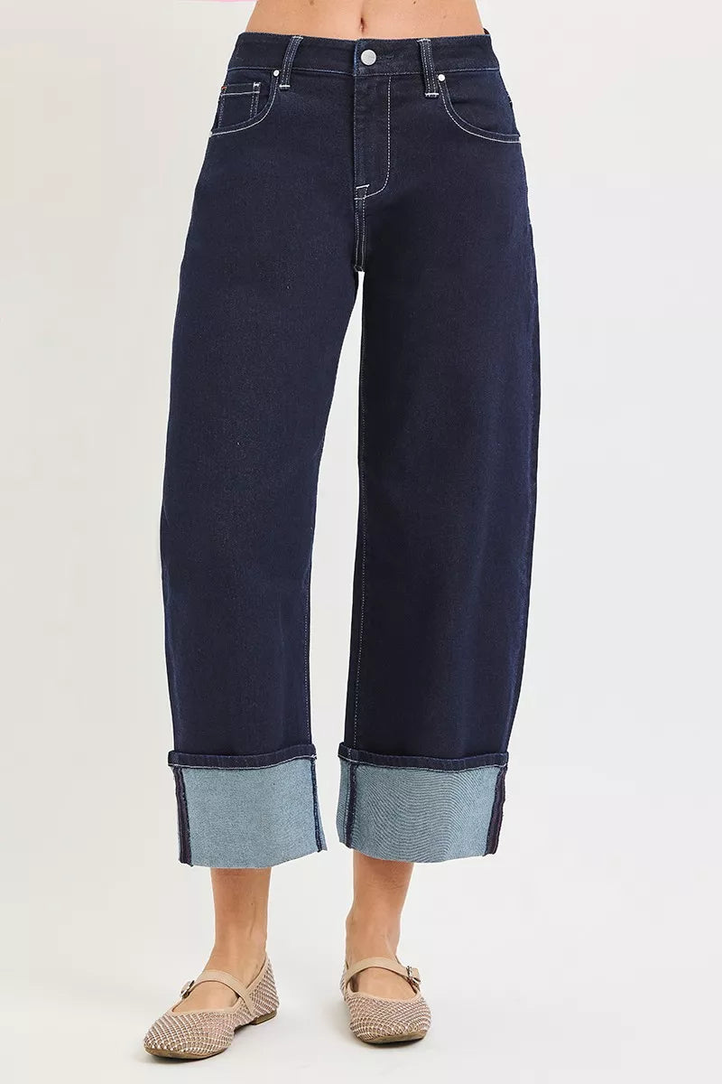 Risen Slouchy Crop Barrel Cuffed Hem Jeans in Solid Dark view 4 - Risen Slouchy Denim Shorts (bottom)
