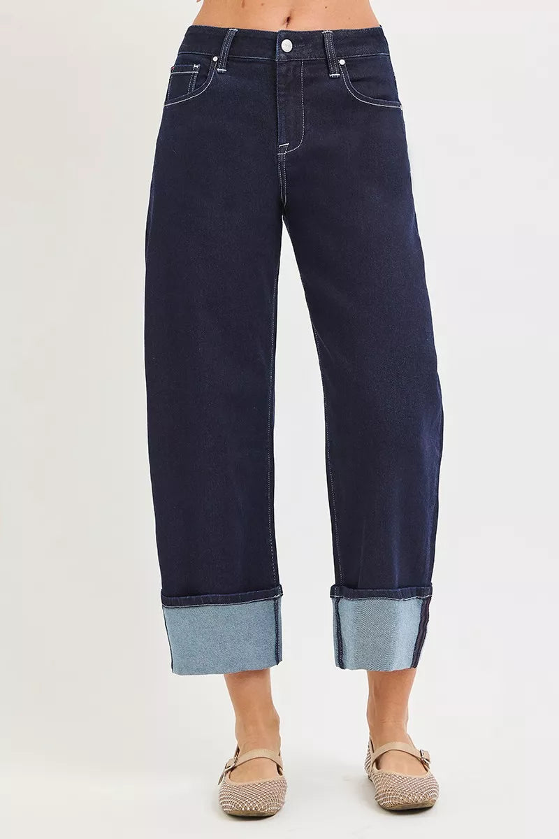Risen Slouchy Crop Barrel Cuffed Hem Jeans in Solid Dark view 5 - Risen Slouchy Denim Shorts (bottom)