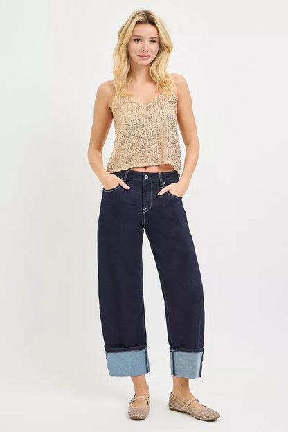 Risen Slouchy Crop Barrel Cuffed Hem Jeans in Solid Dark view 6 - Risen Slouchy Denim Shorts (bottom)
