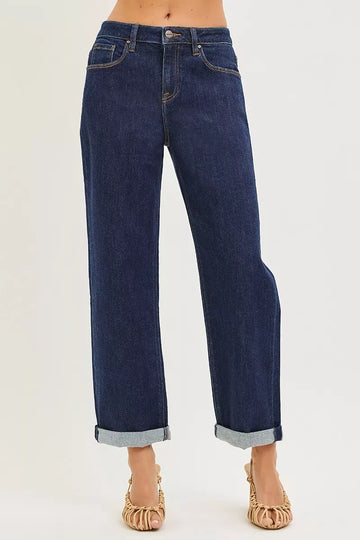 Risen Slouchy Cropped Boyfriend Jeans with Cuffed Hem in SOLID DARK - Risen Slouchy Denim Shorts (bottom)