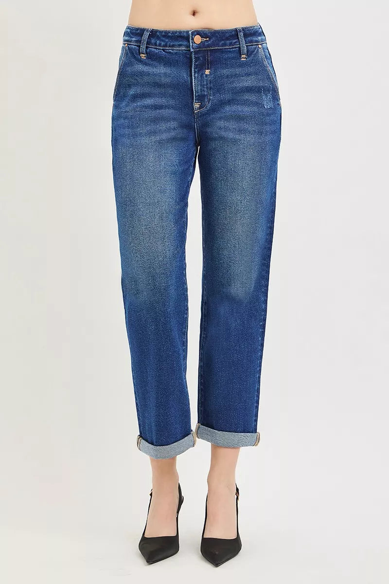 Risen Slouchy Cropped Boyfriend Jeans with Cuffed Hem in DARK - Risen Slouchy Denim Shorts (bottom)