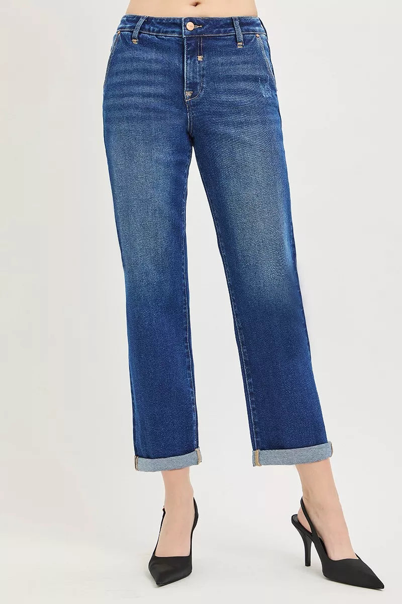 Risen Slouchy Cropped Boyfriend Jeans with Cuffed Hem in DARK view 2 - Risen Slouchy Denim Shorts (bottom)