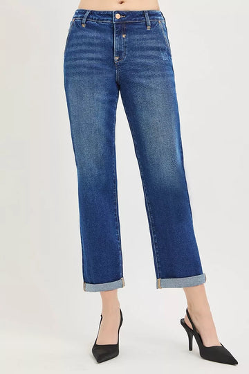 Risen Slouchy Cropped Boyfriend Jeans with Cuffed Hem in DARK view 2 - Risen Slouchy Denim Shorts (bottom)