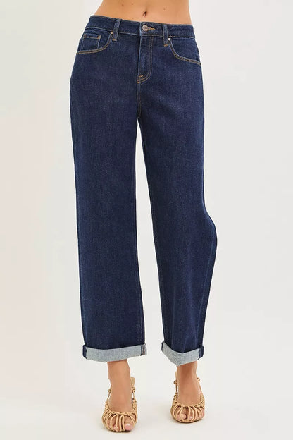 Risen Slouchy Cropped Boyfriend Jeans with Cuffed Hem in SOLID DARK view 3 - Risen Slouchy Denim Shorts (bottom)