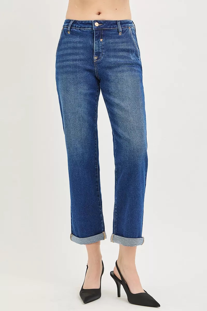 Risen Slouchy Cropped Boyfriend Jeans with Cuffed Hem in DARK view 3 - Risen Slouchy Denim Shorts (bottom)