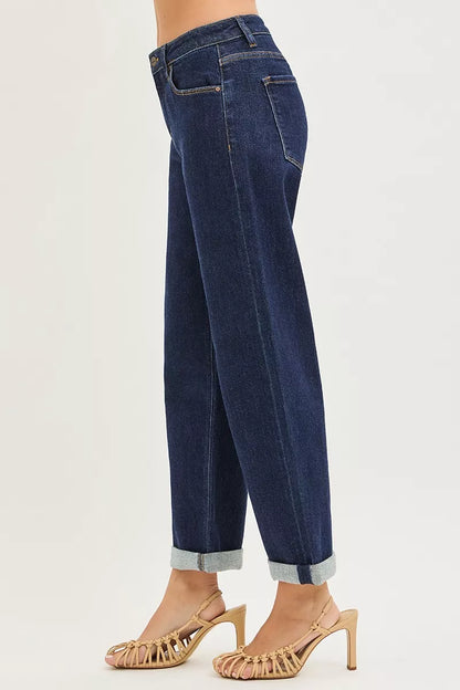 Risen Slouchy Cropped Boyfriend Jeans with Cuffed Hem in SOLID DARK view 4 - Risen Slouchy Denim Shorts (bottom)