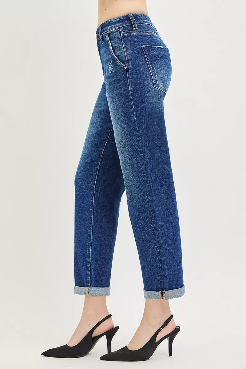 Risen Slouchy Cropped Boyfriend Jeans with Cuffed Hem in DARK view 4 - Risen Slouchy Denim Shorts (bottom)