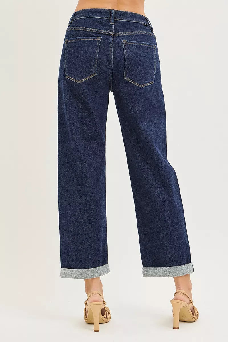 Risen Slouchy Cropped Boyfriend Jeans with Cuffed Hem in SOLID DARK view 5 - Risen Slouchy Denim Shorts (bottom)