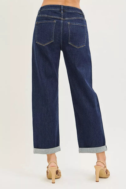 Risen Slouchy Cropped Boyfriend Jeans with Cuffed Hem in SOLID DARK view 5 - Risen Slouchy Denim Shorts (bottom)
