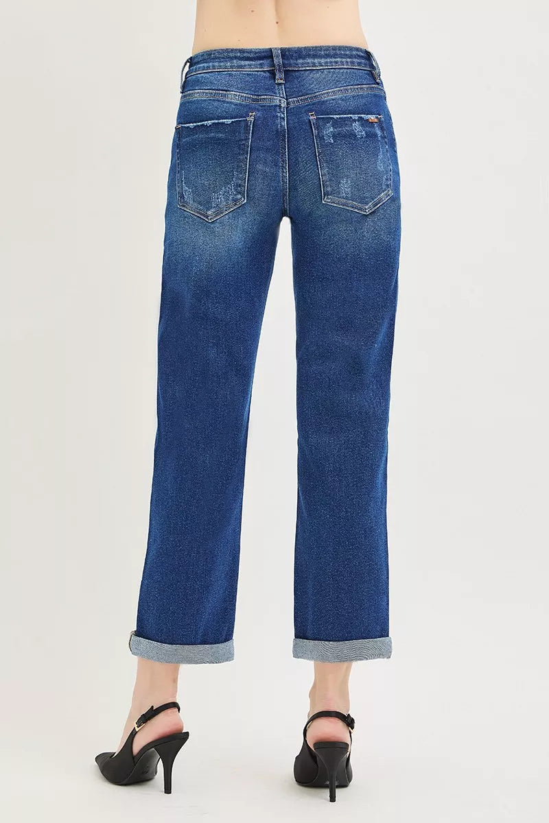 Risen Slouchy Cropped Boyfriend Jeans with Cuffed Hem in DARK view 5 - Risen Slouchy Denim Shorts (bottom)