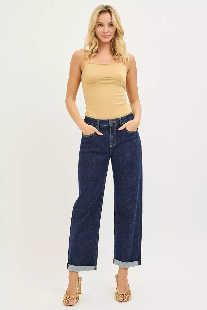 Risen Slouchy Cropped Boyfriend Jeans with Cuffed Hem in SOLID DARK view 6 - Risen Slouchy Denim Shorts (bottom)