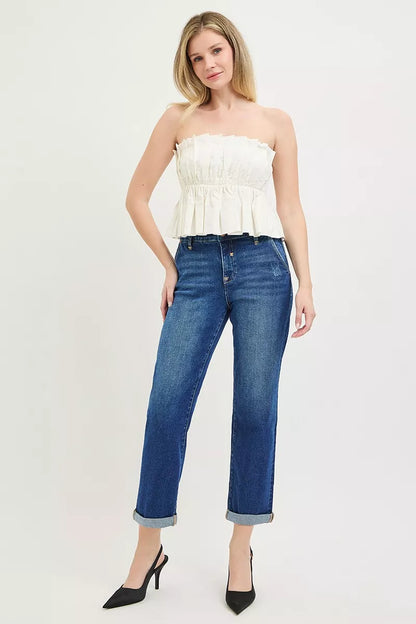 Risen Slouchy Cropped Boyfriend Jeans with Cuffed Hem in DARK view 6 - Risen Slouchy Denim Shorts (bottom)