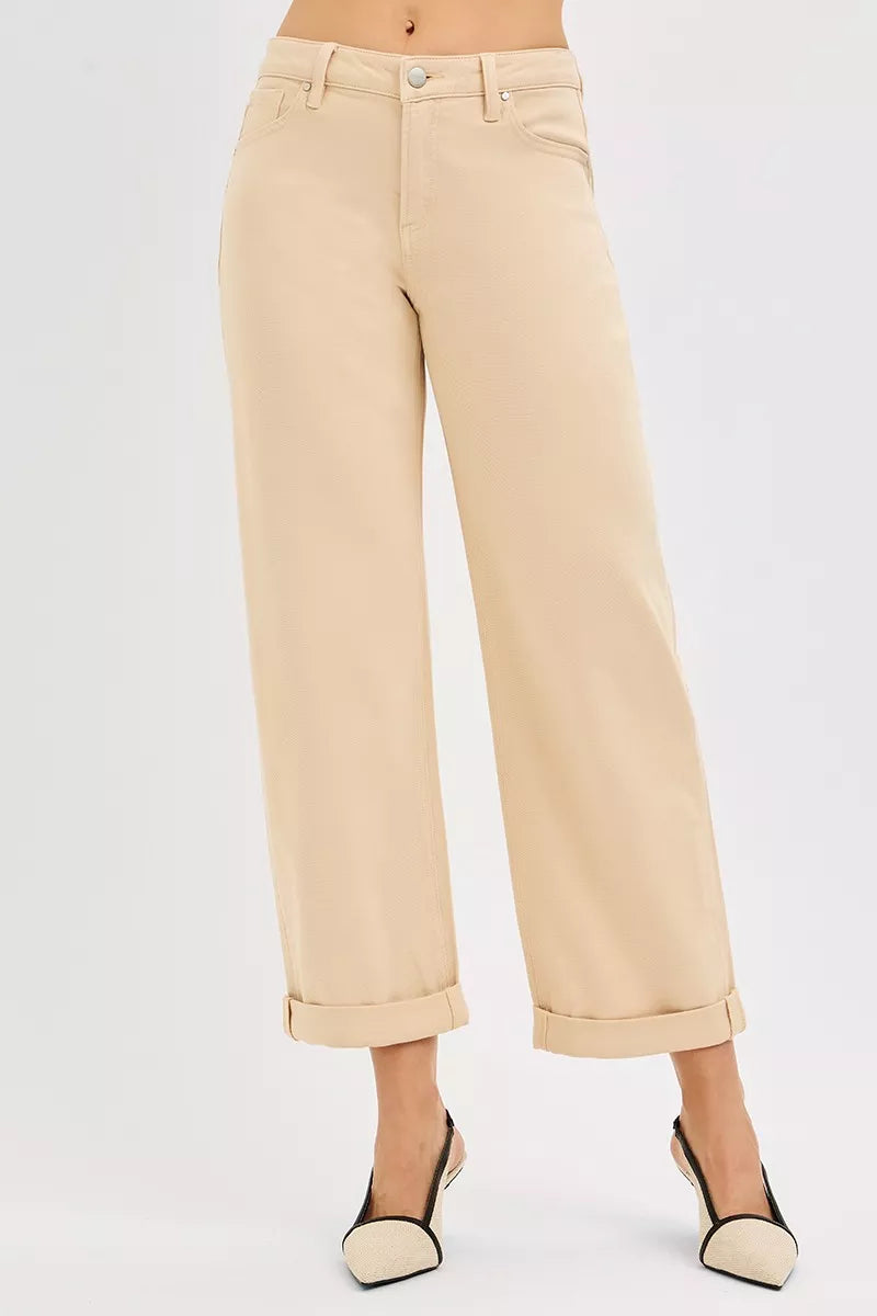 Risen Tummy Control Mid Rise Ankle Barrel Relaxed Baggy in BUTTER MILK - Curvy Fit (bottom)