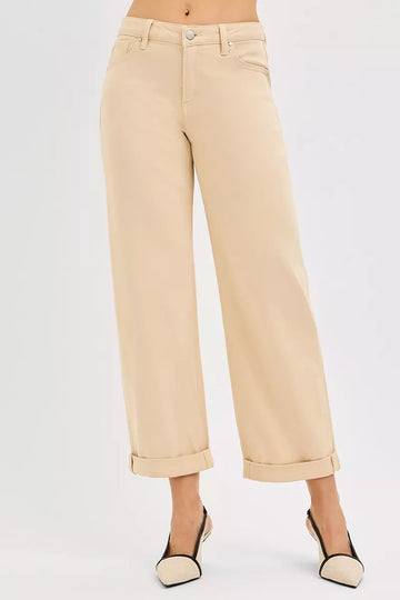 Risen Tummy Control Mid Rise Ankle Barrel Relaxed Baggy in BUTTER MILK - Curvy Fit (bottom)