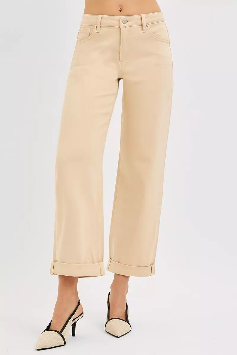 Risen Tummy Control Mid Rise Ankle Barrel Relaxed Baggy in BUTTER MILK view 2 - Curvy Fit (bottom)