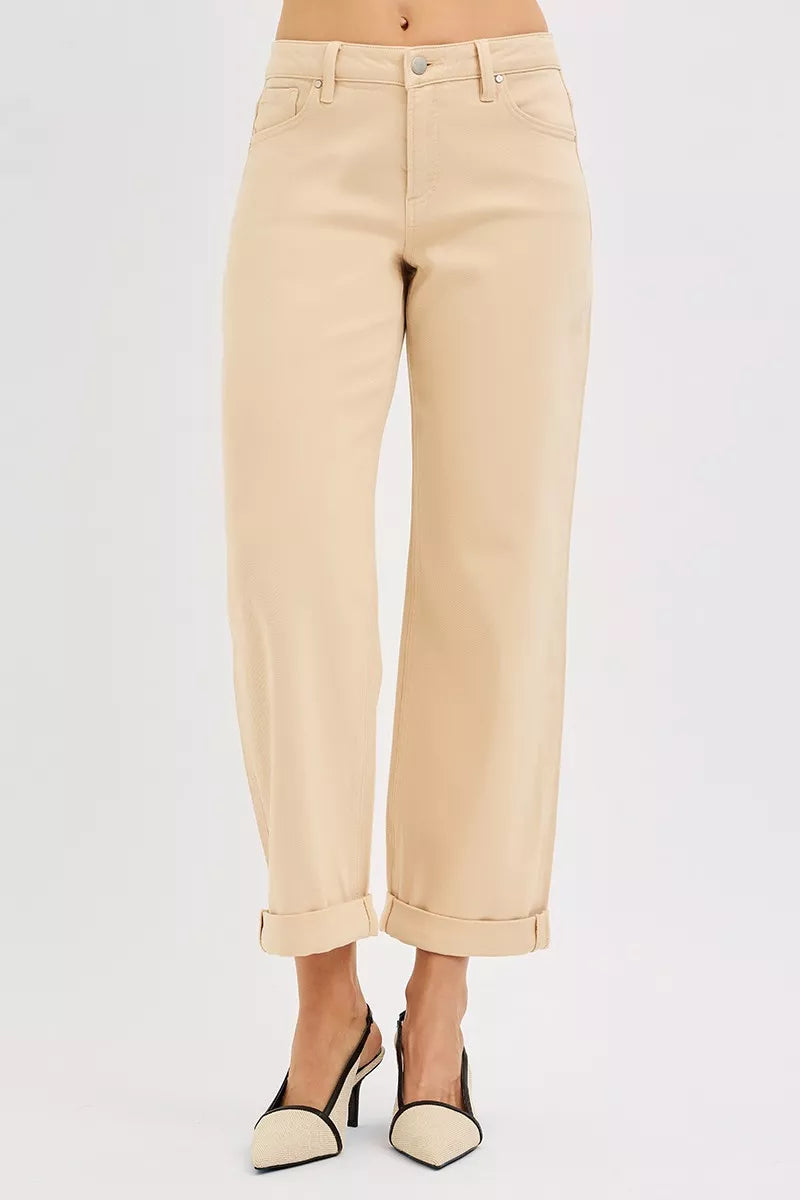 Risen Tummy Control Mid Rise Ankle Barrel Relaxed Baggy in BUTTER MILK view 3 - Curvy Fit (bottom)