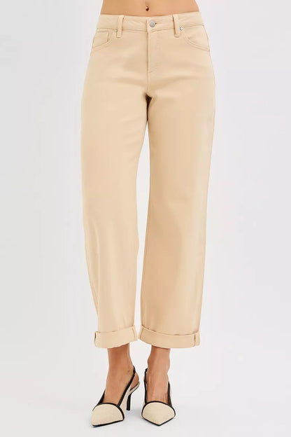 Risen Tummy Control Mid Rise Ankle Barrel Relaxed Baggy in BUTTER MILK view 3 - Curvy Fit (bottom)