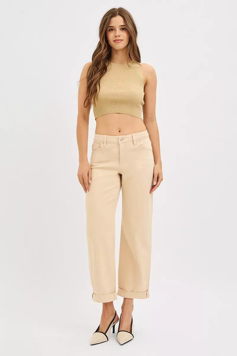Risen Tummy Control Mid Rise Ankle Barrel Relaxed Baggy in BUTTER MILK view 6 - Curvy Fit (bottom)