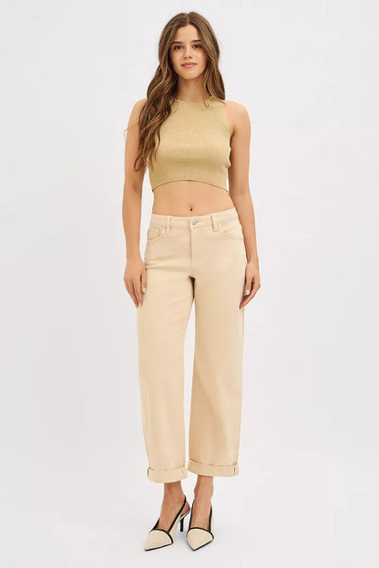 Risen Tummy Control Mid Rise Ankle Barrel Relaxed Baggy in BUTTER MILK view 6 - Curvy Fit (bottom)