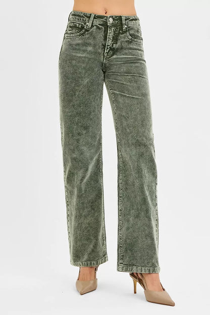 Risen Tummy Control Mid Rise Straight Leg Corduroy Pants in FOREST - Curvy Fit - Risen Tummy Control Pants (bottom)