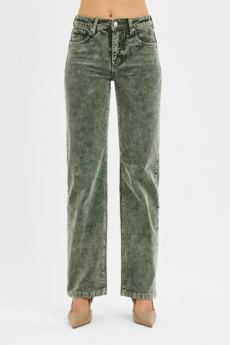 Risen Tummy Control Mid Rise Straight Leg Corduroy Pants in FOREST view 3 - Curvy Fit - Risen Tummy Control Pants