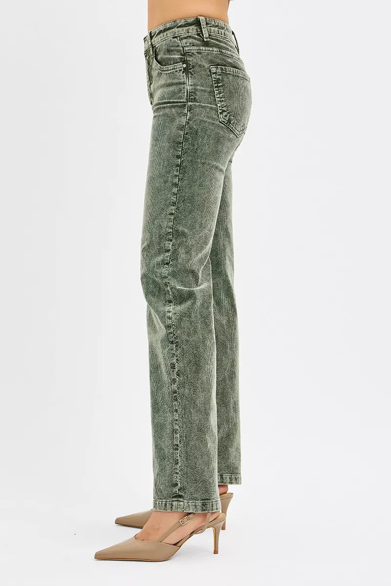 Risen Tummy Control Mid Rise Straight Leg Corduroy Pants in FOREST view 4 - Curvy Fit - Risen Tummy Control Pants