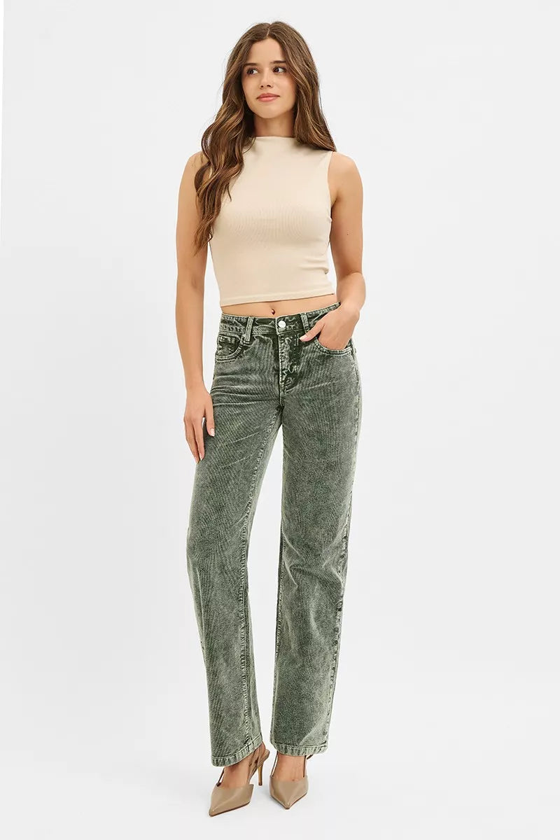 Risen Tummy Control Mid Rise Straight Leg Corduroy Pants in FOREST view 6 - Curvy Fit - Risen Tummy Control Pants