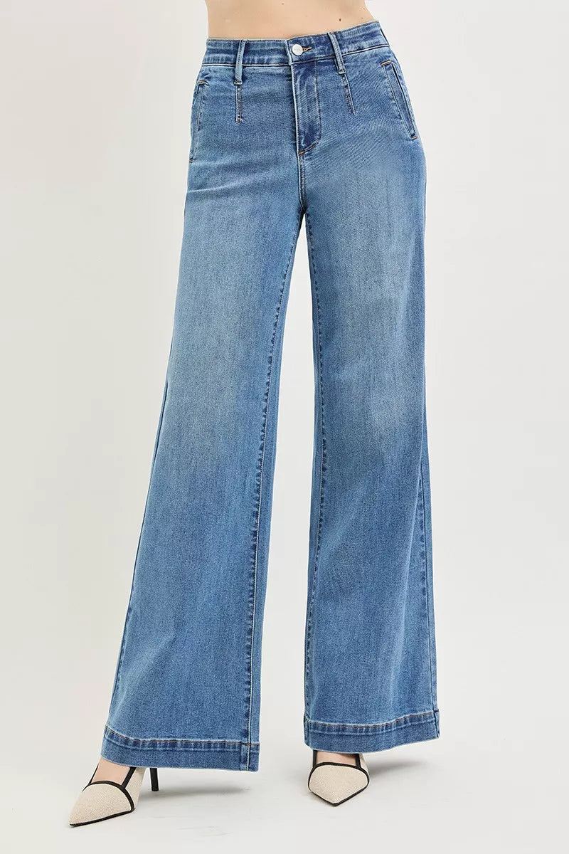 risen tummy control Risen Tummy Control Elastic Band High Rise Wide Jeans Medium (bottom) - shop at us.meeeshop