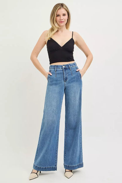 risen tummy control Risen Tummy Control Elastic Band High Rise Wide Jeans view 6 (bottom) - shop at us.meeeshop