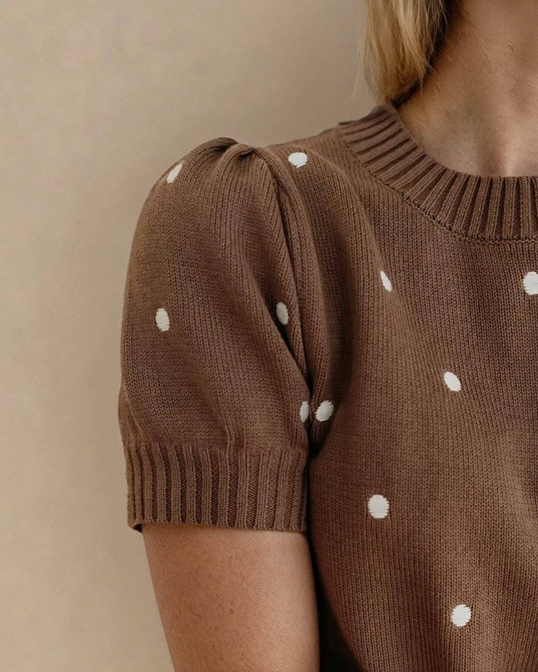 River Polka Dot Bubble Short Sleeve Sweater - Chestnut Chestnut view 2 (top) - pol sweater, pol chestnu - shop at us.meeeshop