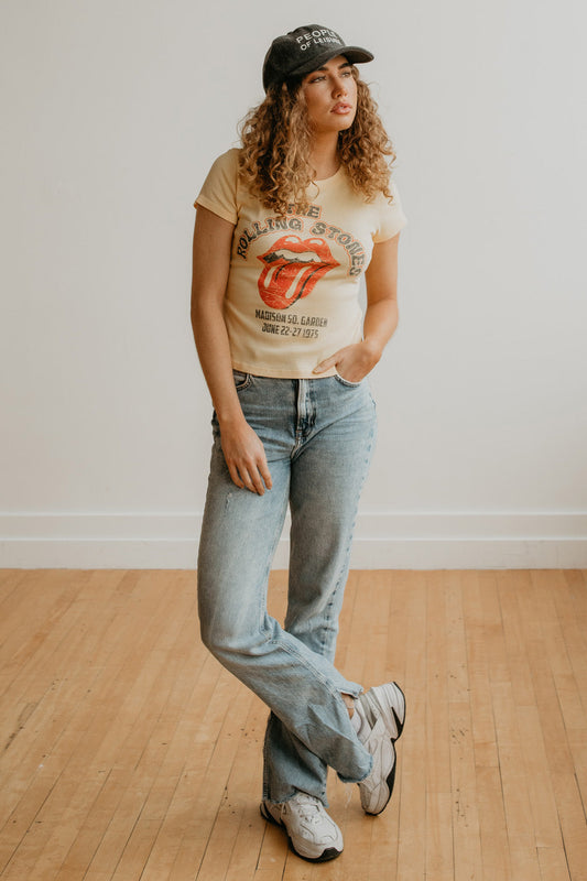 Rolling Stones 1975 Baby Tee in Pastel Yellow - Rolling Stones Tee Shirts (top)