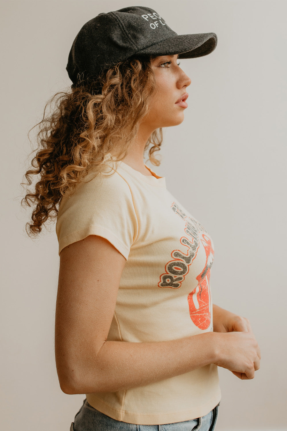 Rolling Stones 1975 Baby Tee Pastel Yellow view 3 (top) - rolling stones tee shirts, rolling stones tee - shop at us.meeeshop