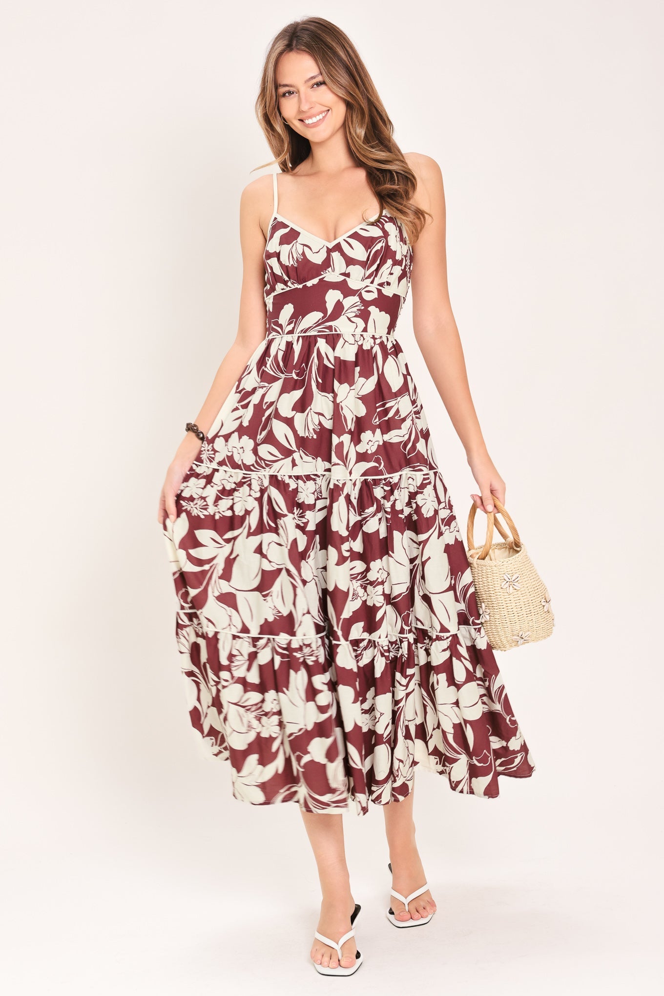 Romance in Wine Woven Midi Dress in MAROON