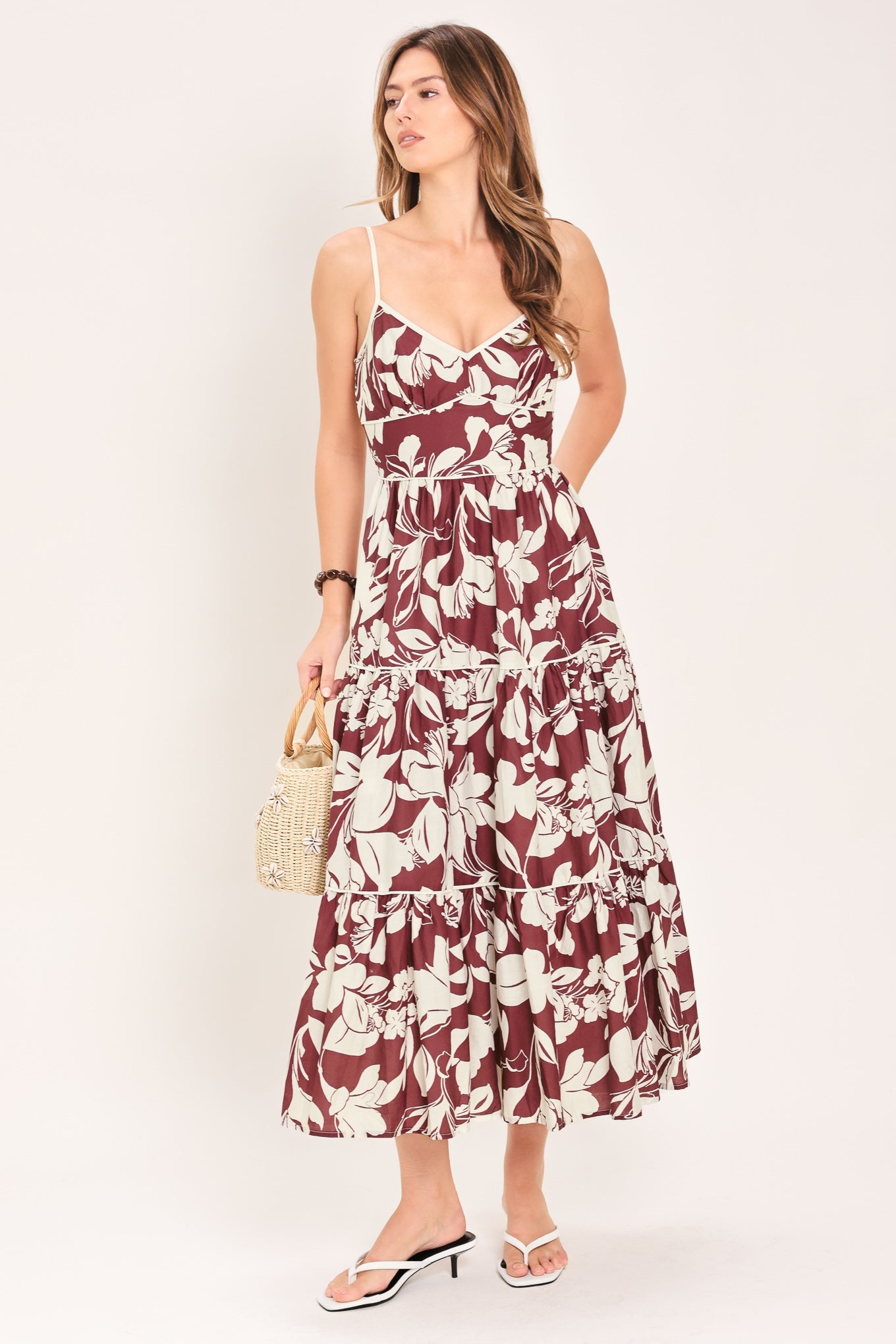 Romance in Wine Woven Midi Dress in MAROON view 3