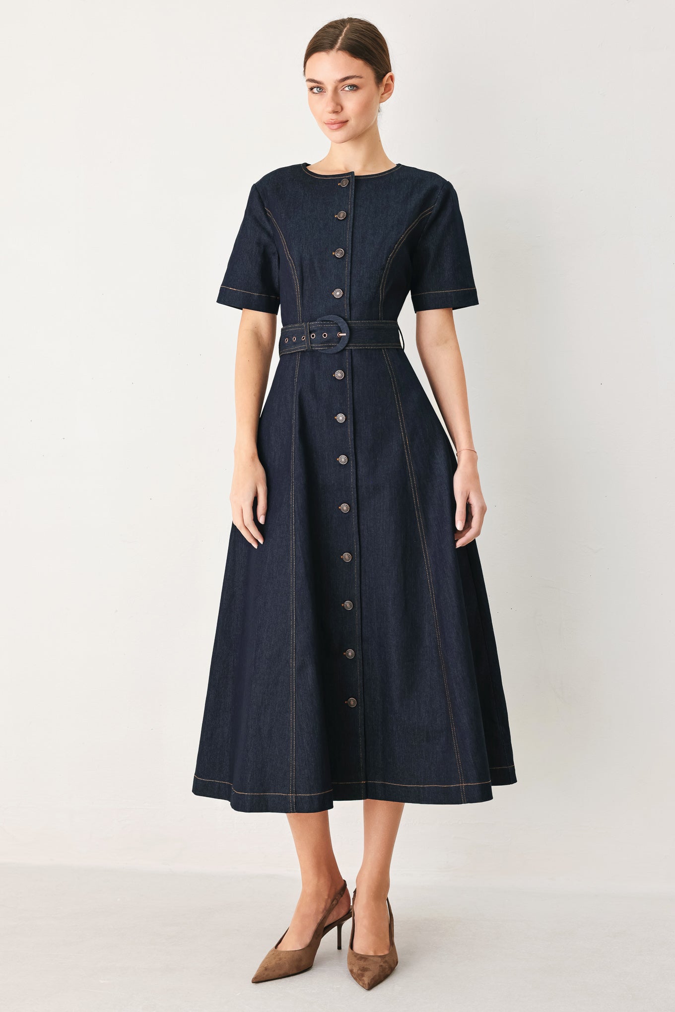 Romantic Denim Woven Midi Dress DARK DENIM (dress) - lov denim dress, romantic print mini denim dress,  - shop at us.meeeshop