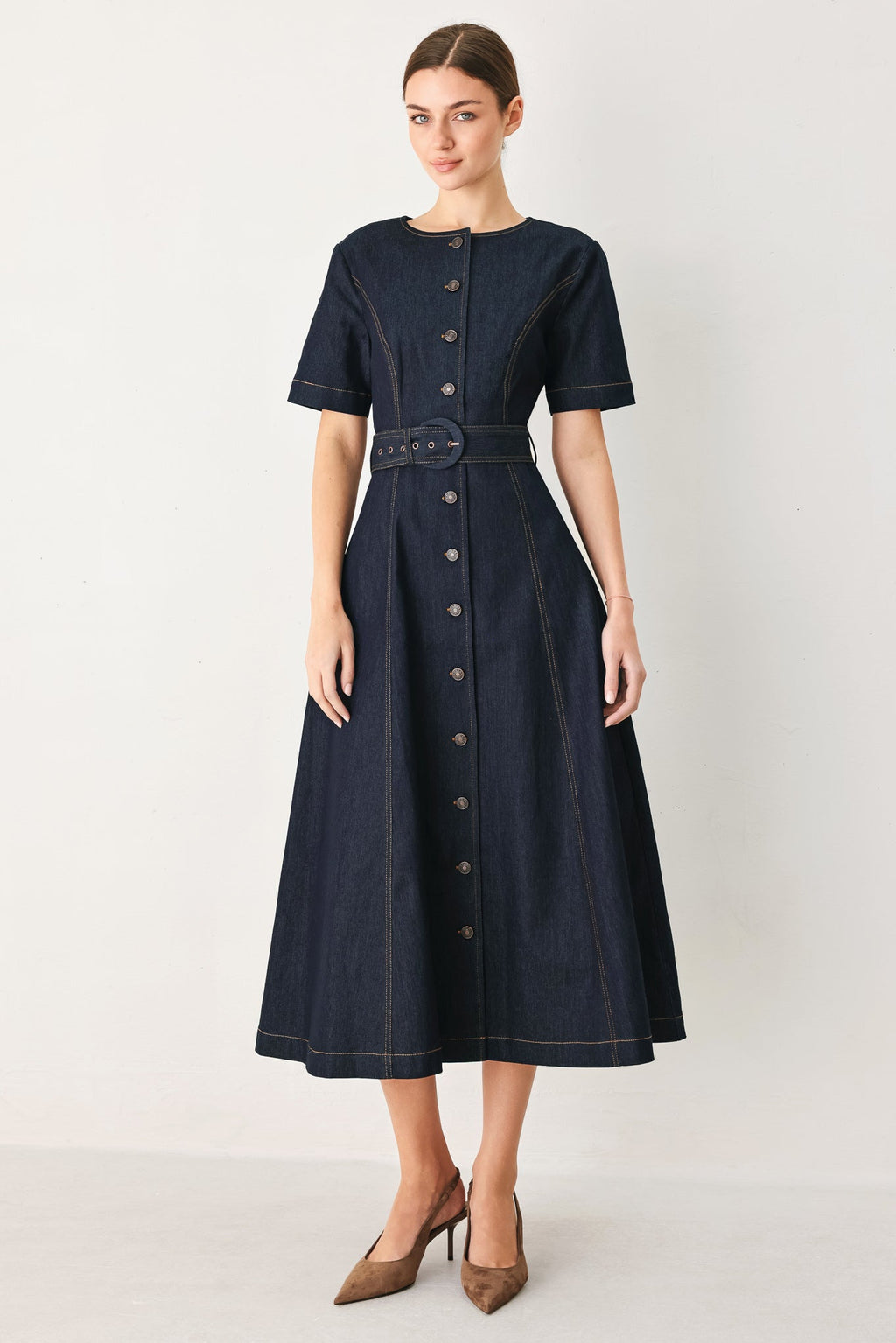 Romantic Denim Woven Midi Dress DARK DENIM (dress) - lov denim dress, romantic print mini denim dress,  - shop at us.meeeshop
