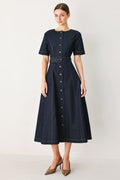 Romantic Denim Woven Midi Dress DARK DENIM (dress) - lov denim dress, romantic print mini denim dress,  - shop at us.meeeshop