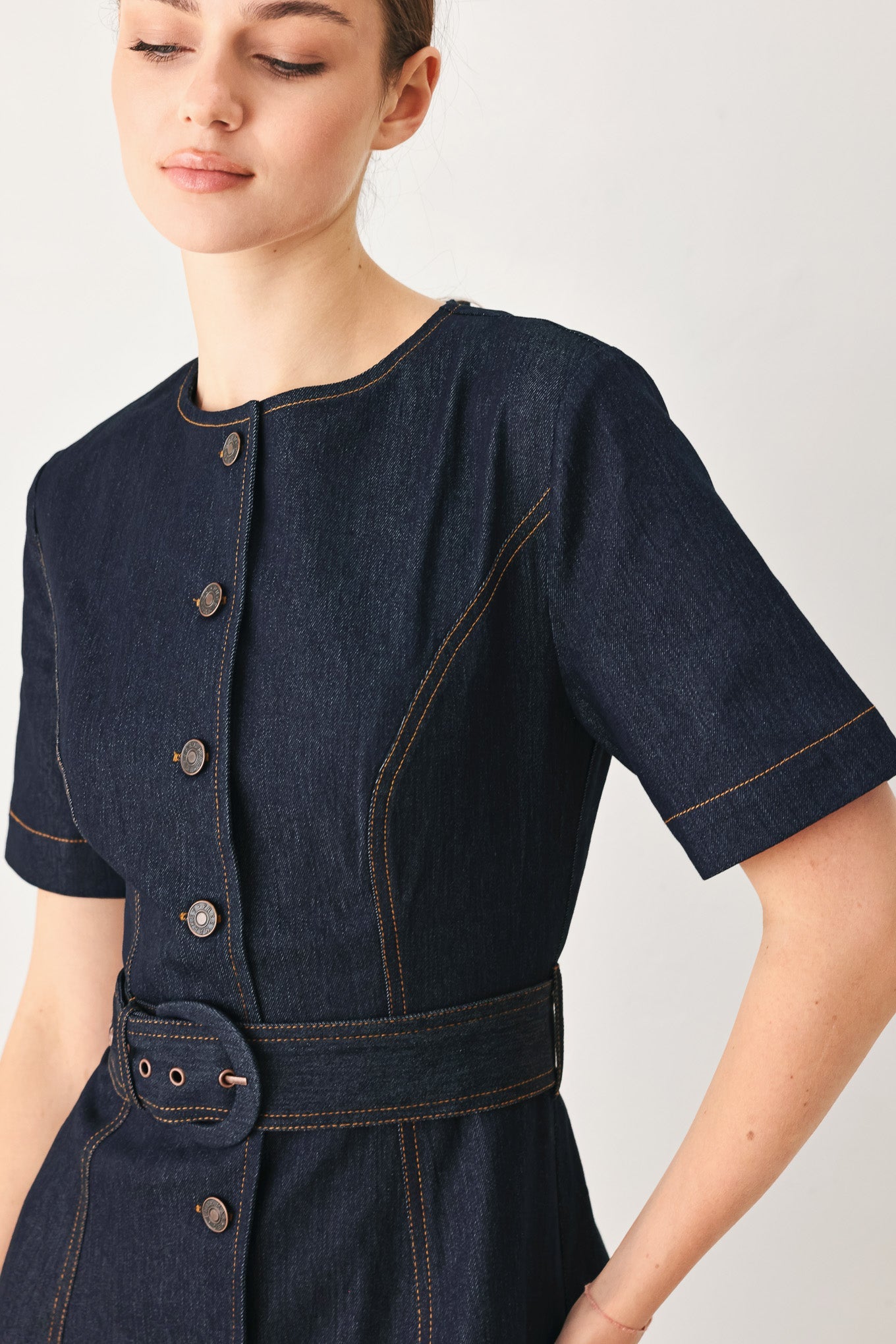 Romantic Denim Woven Midi Dress DARK DENIM view 2 (dress) - lov denim dress, romantic print mini denim  - shop at us.meeeshop