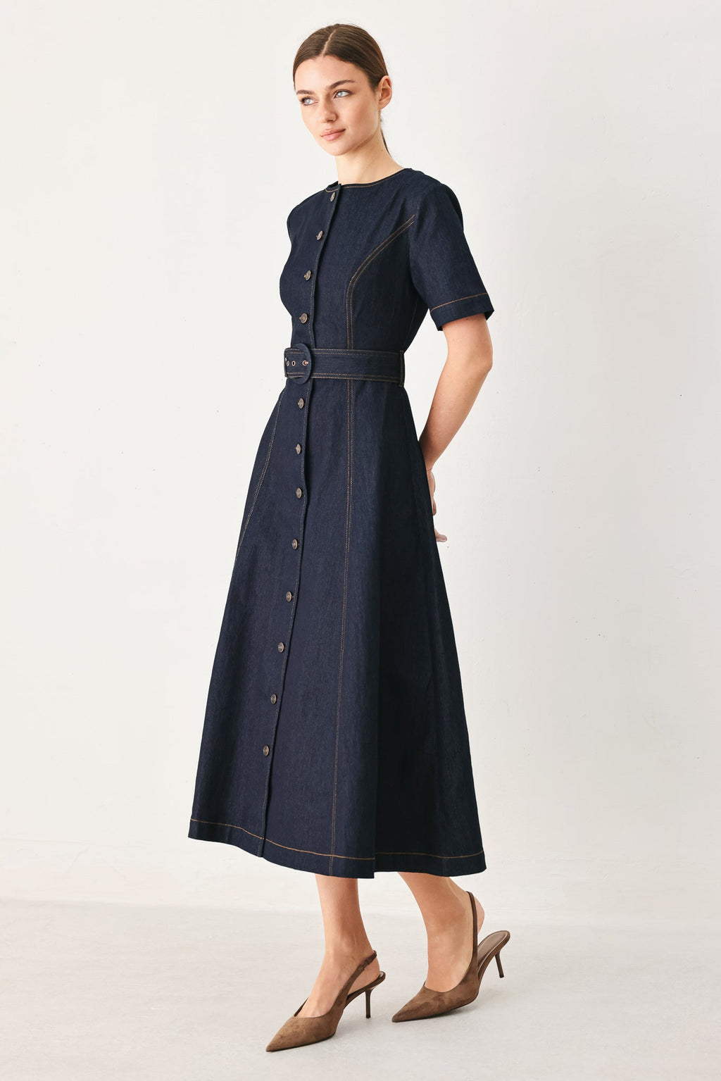 Romantic Denim Woven Midi Dress DARK DENIM view 3 (dress) - lov denim dress, romantic print mini denim  - shop at us.meeeshop