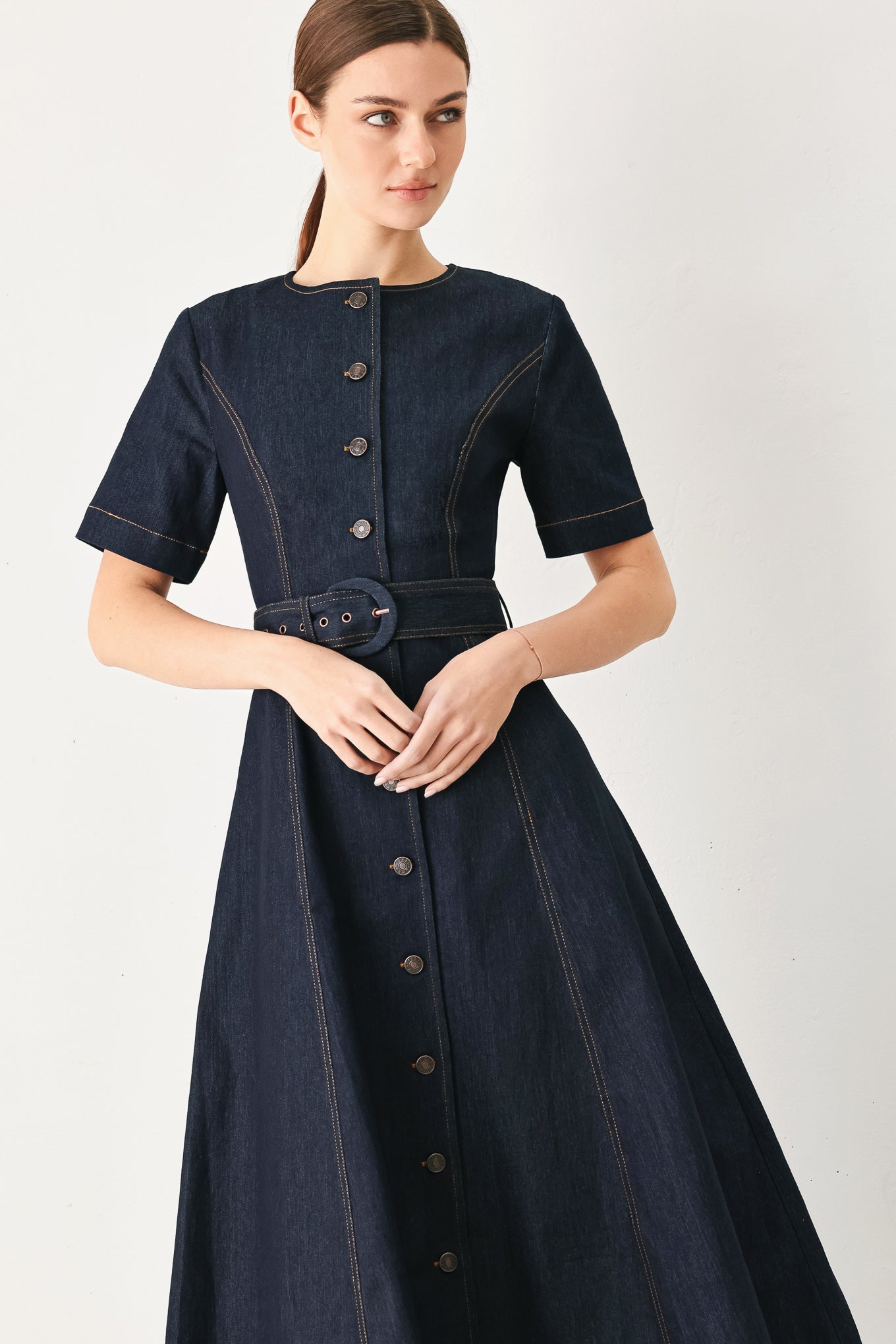 Romantic Denim Woven Midi Dress DARK DENIM view 4 (dress) - lov denim dress, romantic print mini denim  - shop at us.meeeshop