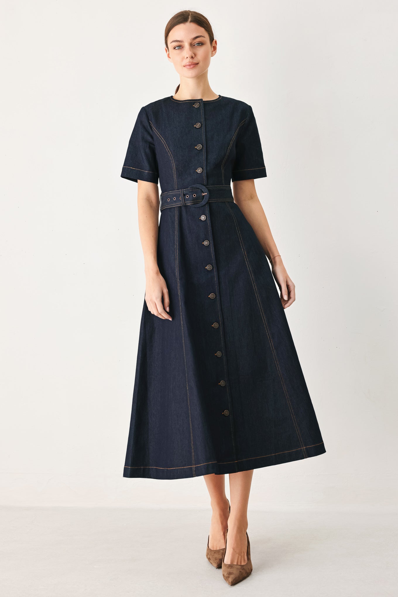 Romantic Denim Woven Midi Dress DARK DENIM view 5 (dress) - lov denim dress, romantic print mini denim  - shop at us.meeeshop