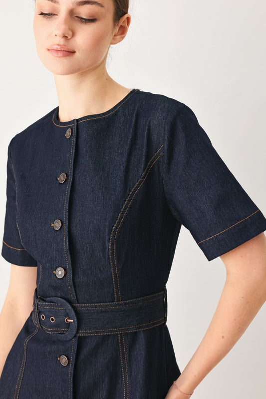 Romantic Denim Woven Midi Dress in DARK DENIM view 2 - Where To Buy Romantic Dressesjean Shorts