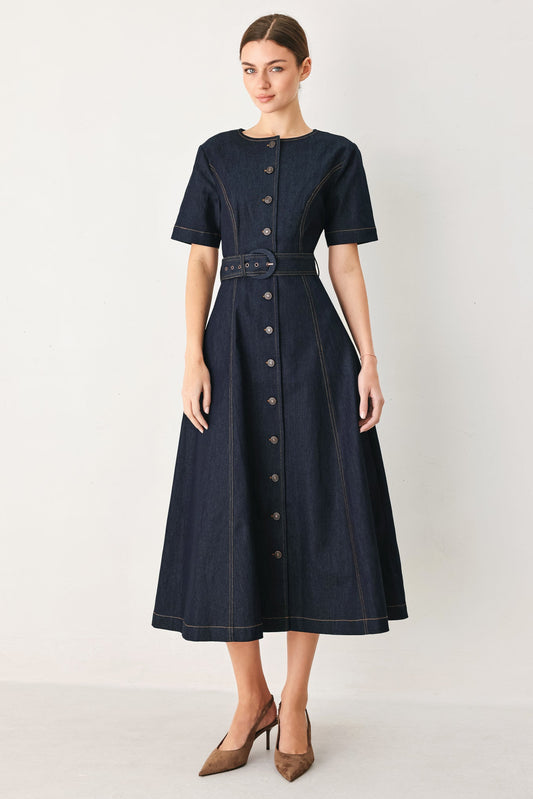 Romantic Denim Woven Midi Dress in DARK DENIM - Where To Buy Romantic Dressesjean Shorts