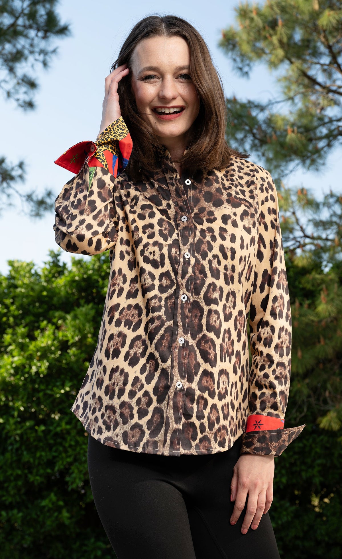 Rome Shirt Cheetah Print with Red Cuff in XS (top)