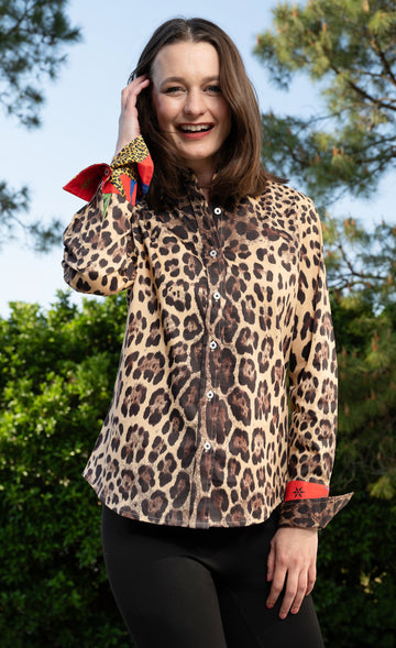 Rome Shirt Cheetah Print with Red Cuff in XS (top)