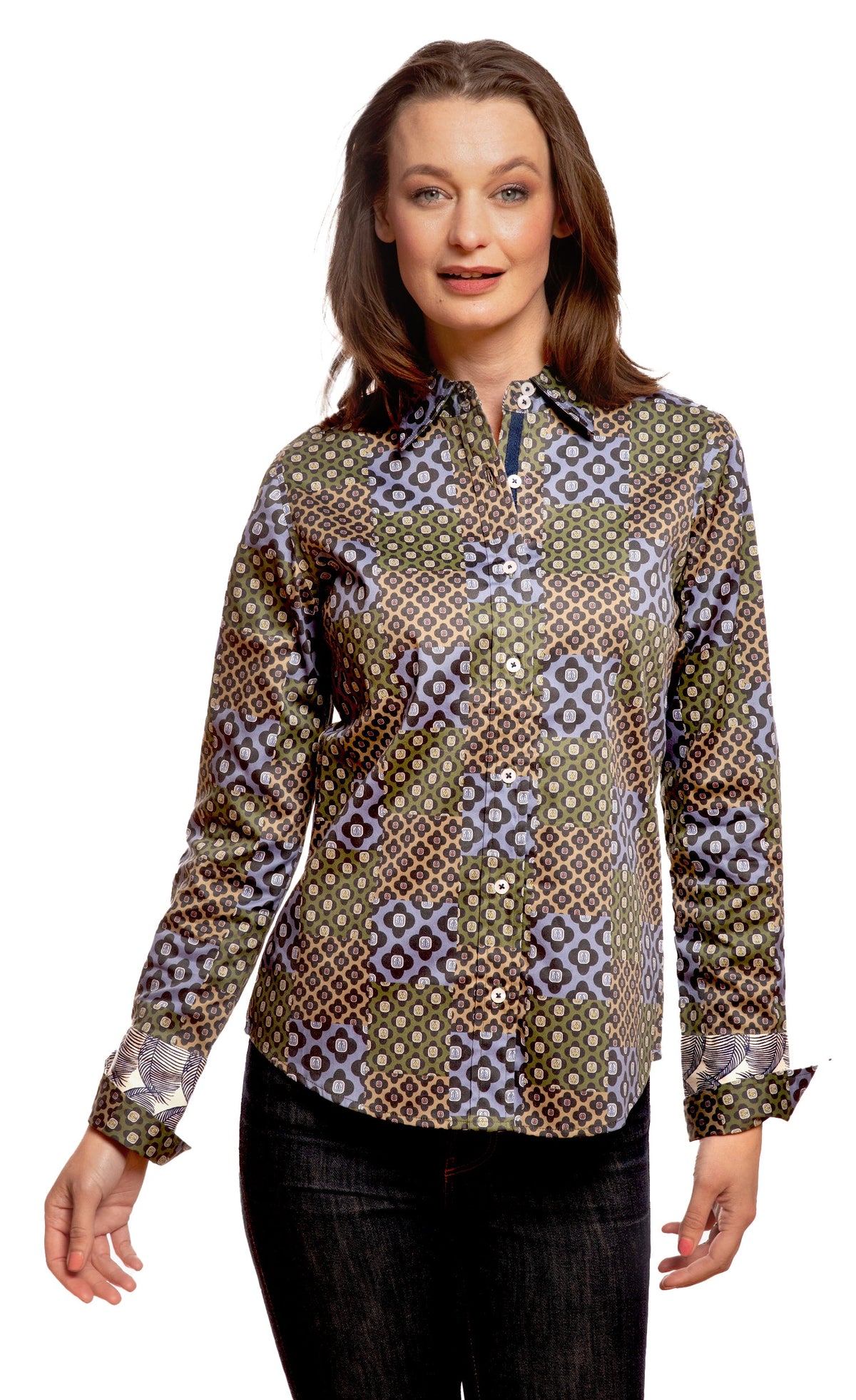 Rome Shirt Navy Patchwork Foulard Print in S view 2 - Casual Office Outfit - Printing T Shirt Cost (top)